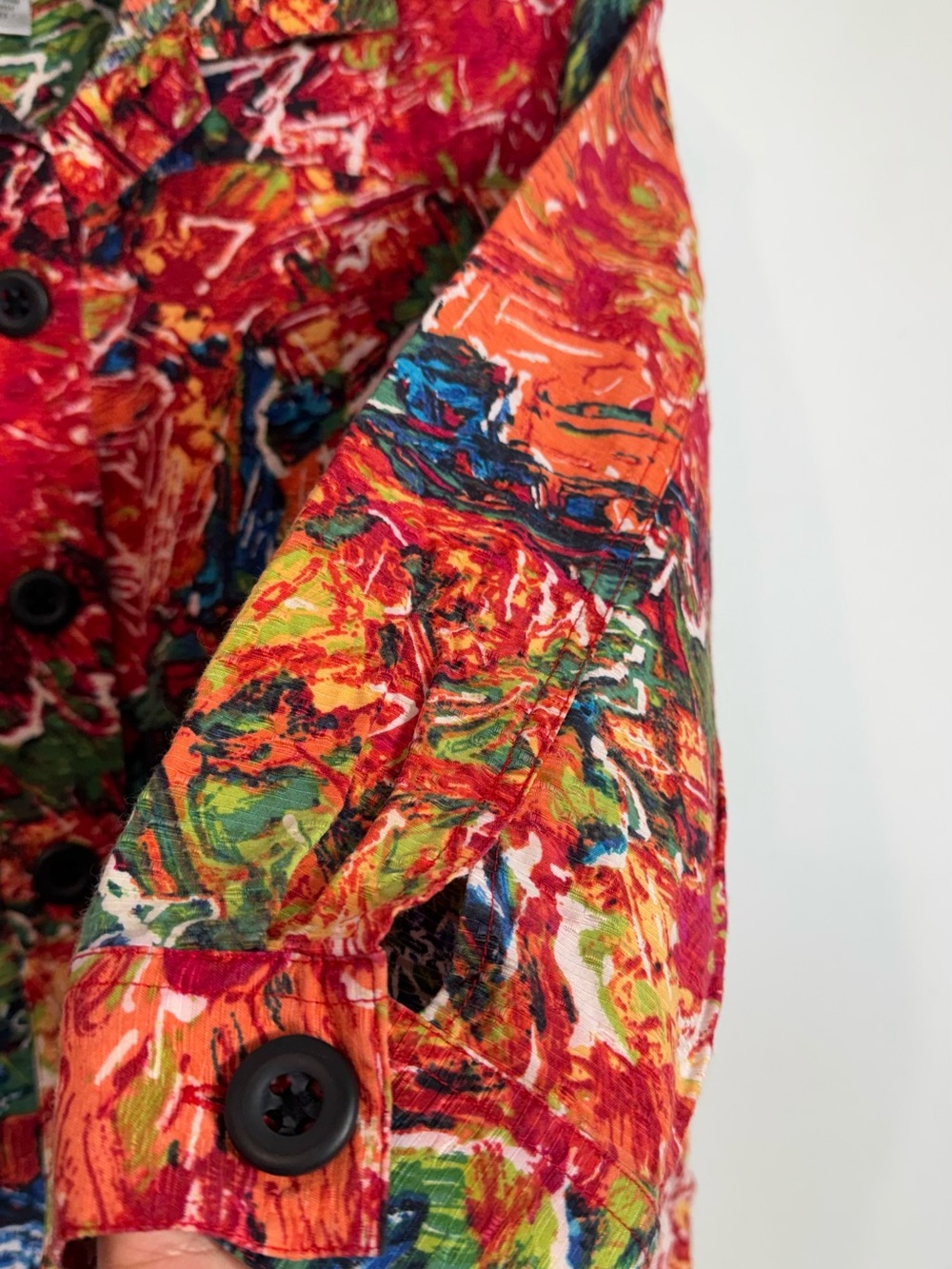 Chicos Red Silk Blend Colorful Abstract Floral Print Boxy Light Jacket 2 - Large - Picture 6 of 8